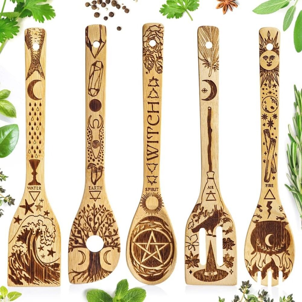 Practical Magic Witch Kitchen Utensil Set – 5 Wooden Spoon/Spatulas - Christmas